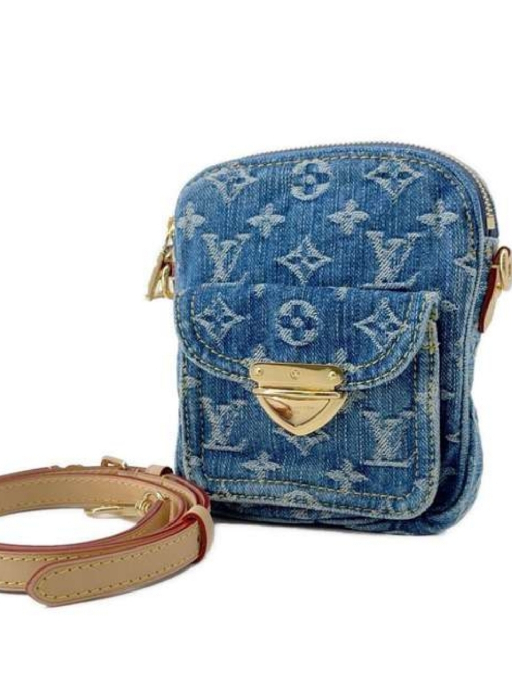 Cotton Denim Monogram Remix Crossbody Bag w/Tan Leather Strap Mase Case